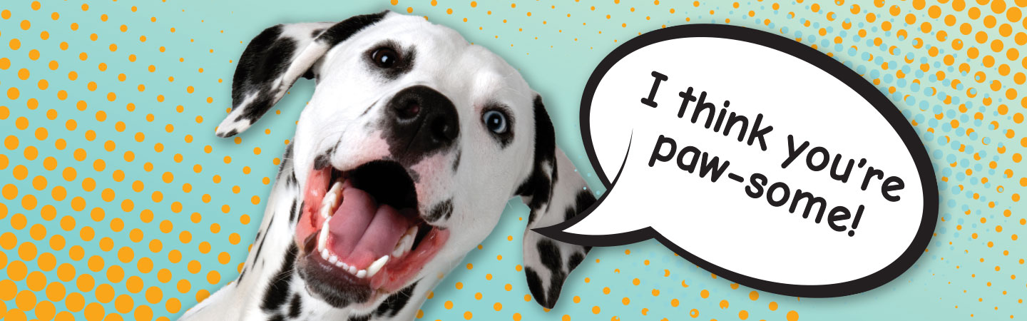 Dalmation. Text reads: I think you&apos;re paw-some!