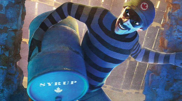 Image of a burglar stealing a barrel of syrup