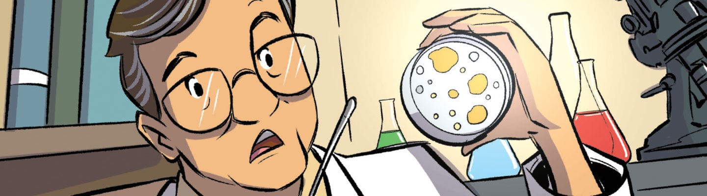 Illustration of a stunned scientist holding a petri dish