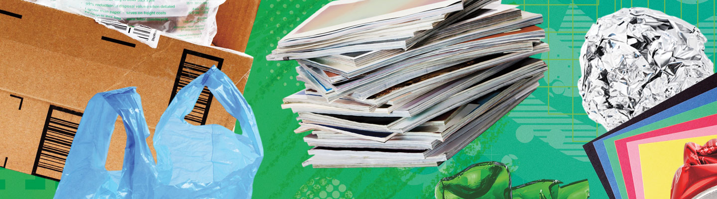 Image of a stack of old magazines, aluminum foil, and crushed soda can